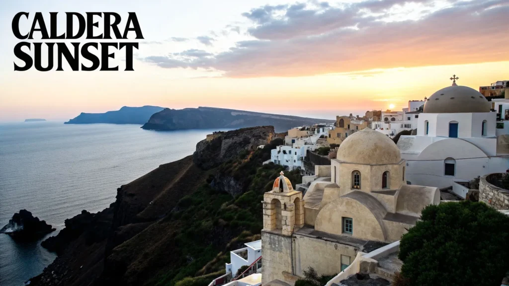 Caldera sunset over coastal cliffs and white domed buildings by the sea, with text “Caldera Sunset.”