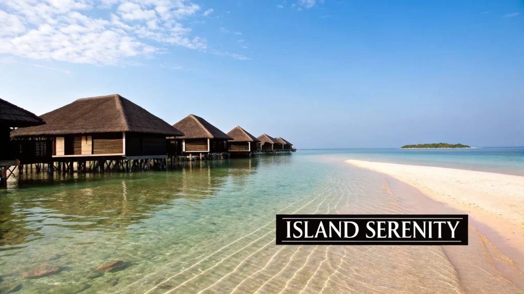 Glitched collage of distorted faces, clothing, and a beach scene with overwater bungalows and water reflections.