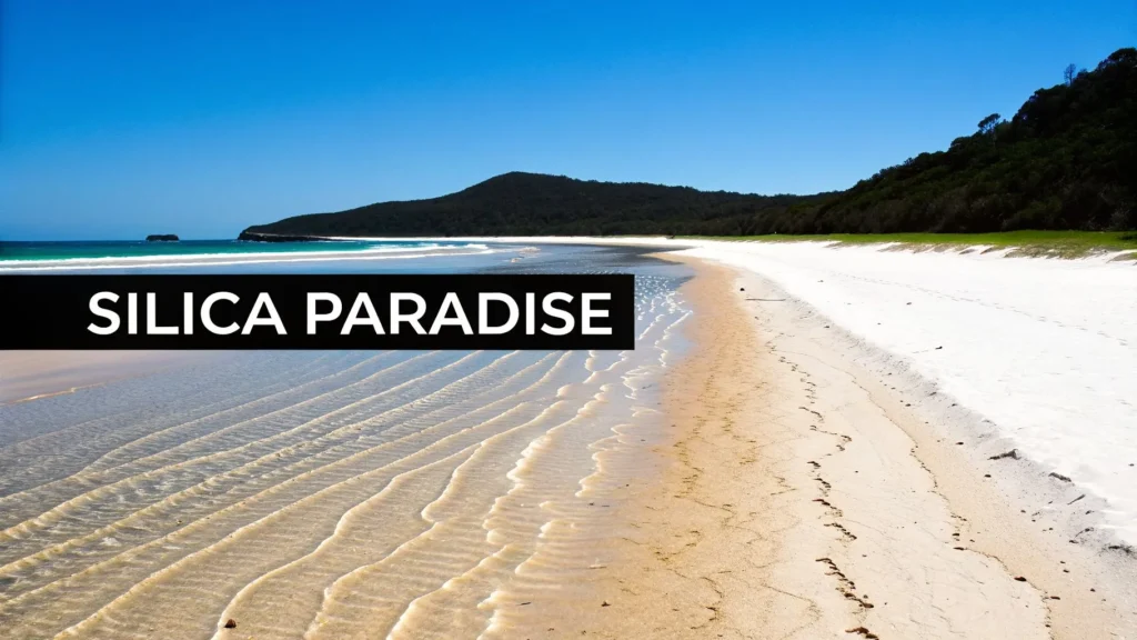 Glitched collage of art supplies, photos, and distorted figures with a partial beach scene and text fragments visible.