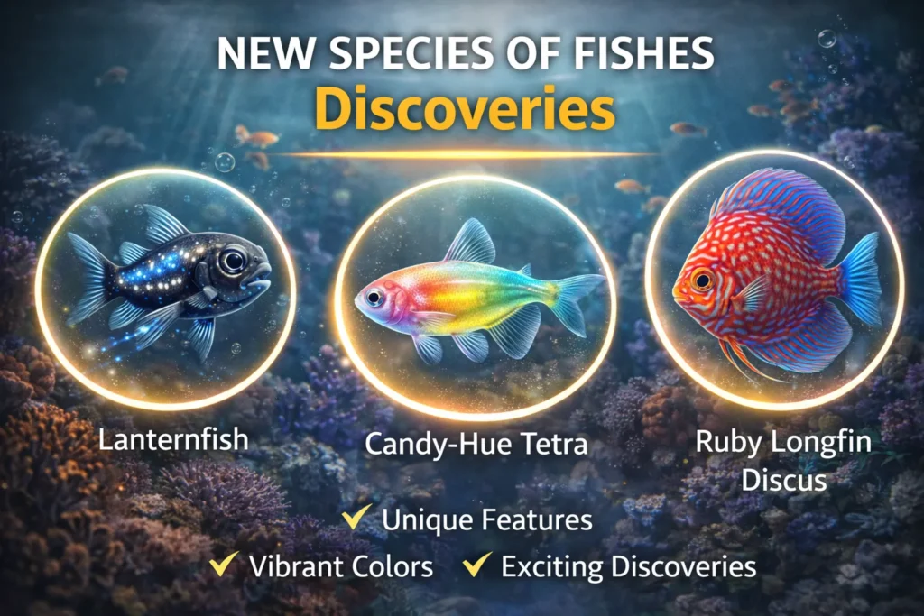 Underwater scene with three colorful fish species labeled lanternfish, tetra, and discus highlighting new fish discoveries.