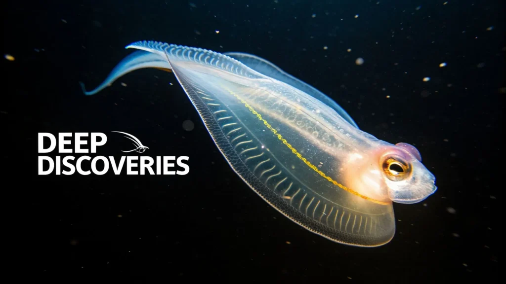 New Species of Fishes: Discoveries and Breakthroughs Transparent deep-sea fish glowing in dark water, text “Deep Discoveries” visible