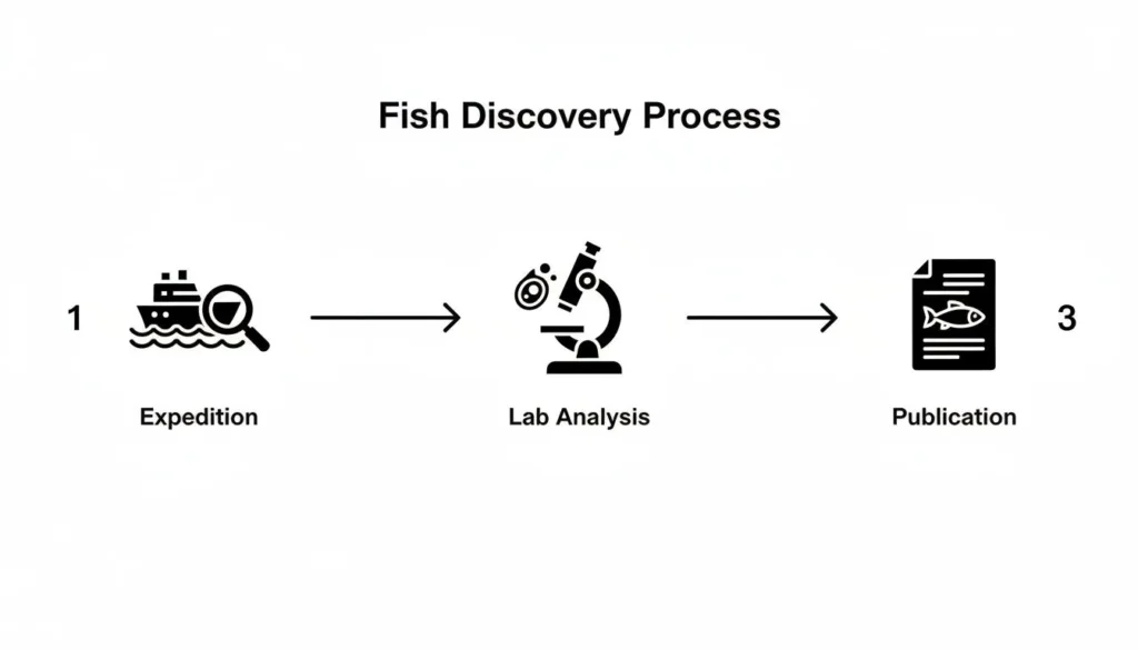 New Species of Fishes: Discoveries and Breakthroughs Fish discovery process diagram: expedition, lab analysis, and publication shown in three steps