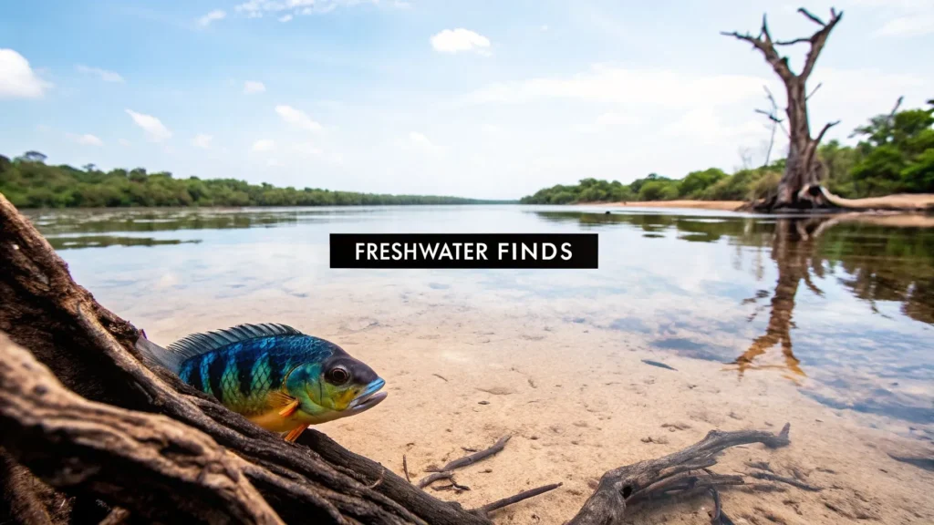New Species of Fishes: Discoveries and Breakthroughs Colorful freshwater fish by riverbank with clear water and trees, text “Freshwater Finds” displayed