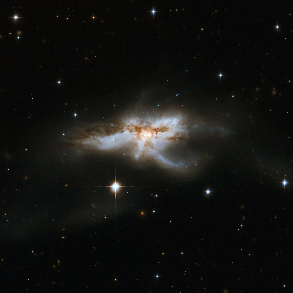 Chaotic merging galaxies with bright core, dust lanes, and scattered stars against a dark space background.
