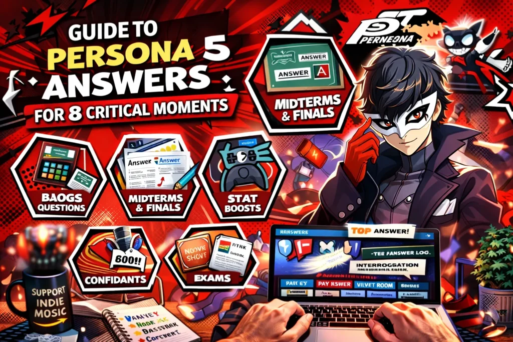 Persona 5 answers guide thumbnail with masked character, red theme, and icons for exams, confidants, and key gameplay moments.