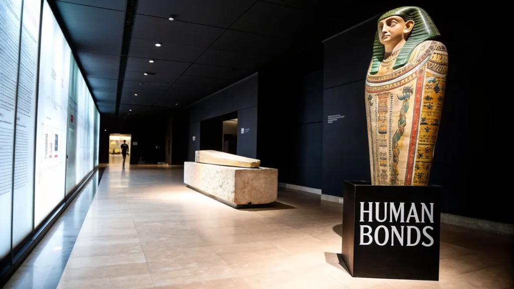Museum gallery with Egyptian sarcophagus exhibit labeled “Human Bonds” and display cases along a dim corridor