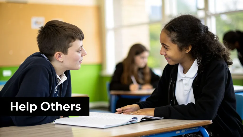 Two students in a classroom helping each other with schoolwork, smiling over an open book with “Help Others” text