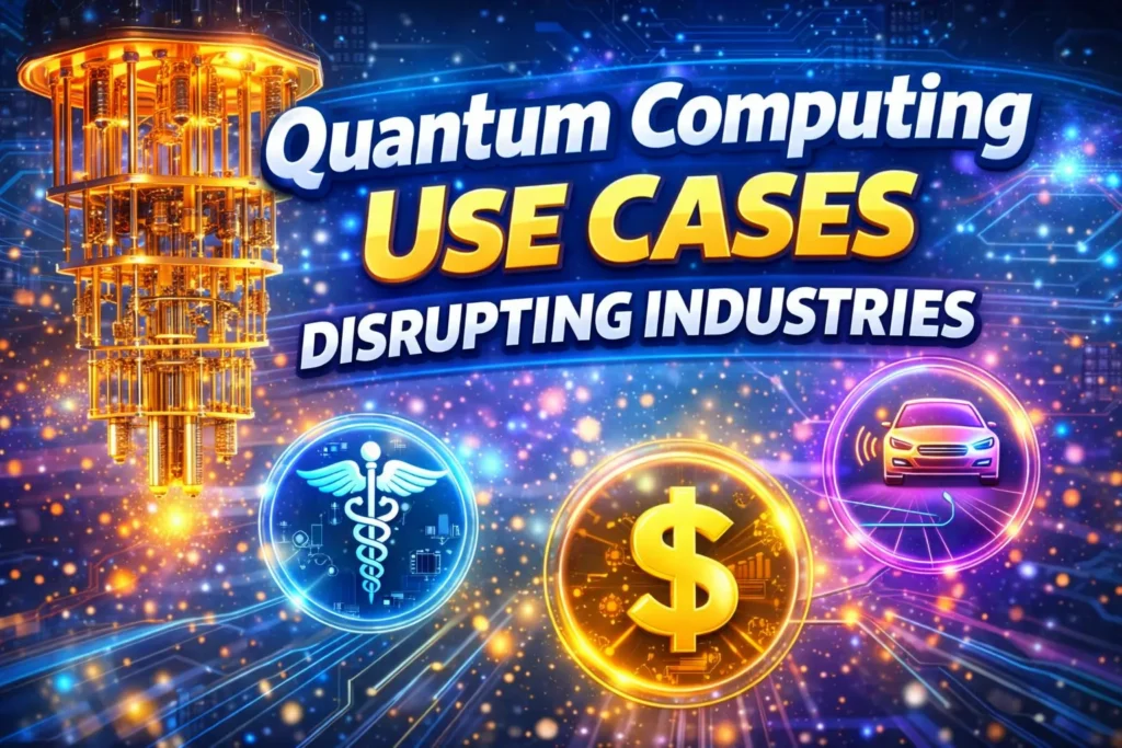 Futuristic quantum computer with glowing icons for healthcare, finance, and automotive, with text on industry use cases