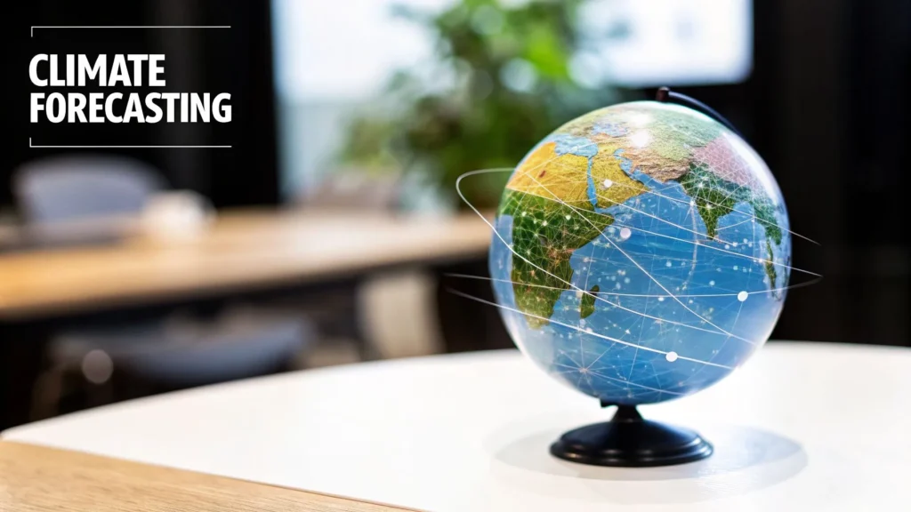 Top 10 Quantum Computing Use Cases Disrupting Industries in 2026 Globe with network lines on a desk, representing climate forecasting, with text “Climate Forecasting.”