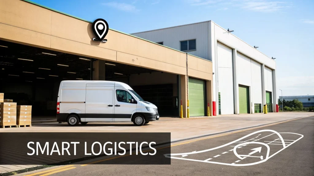 Top 10 Quantum Computing Use Cases Disrupting Industries in 2026 Delivery van at warehouse loading dock with route graphics, representing smart logistics, with text “Smart Logistics.”