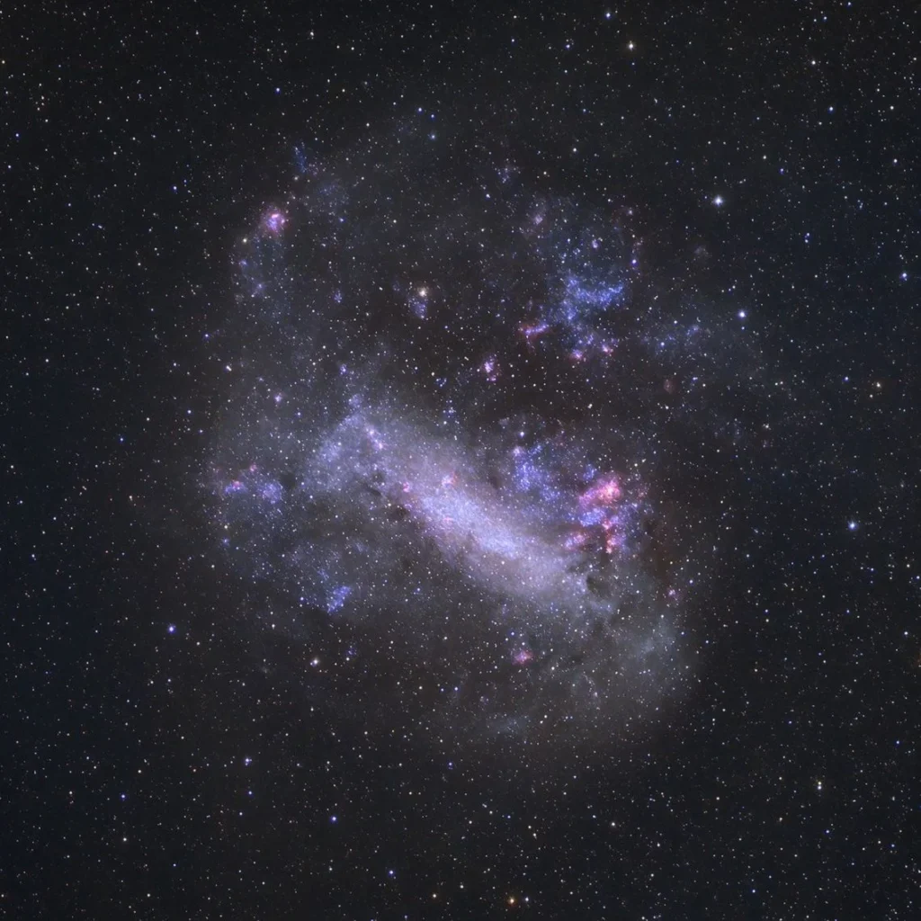 Large Magellanic Cloud irregular galaxy with bright star clusters, pink nebulae, and dense stars against dark space.