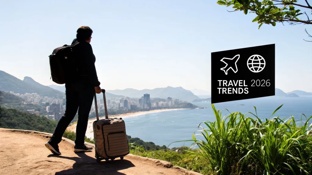 Traveler with suitcase overlooking coastal city and ocean, sign “Travel Trends 2026”