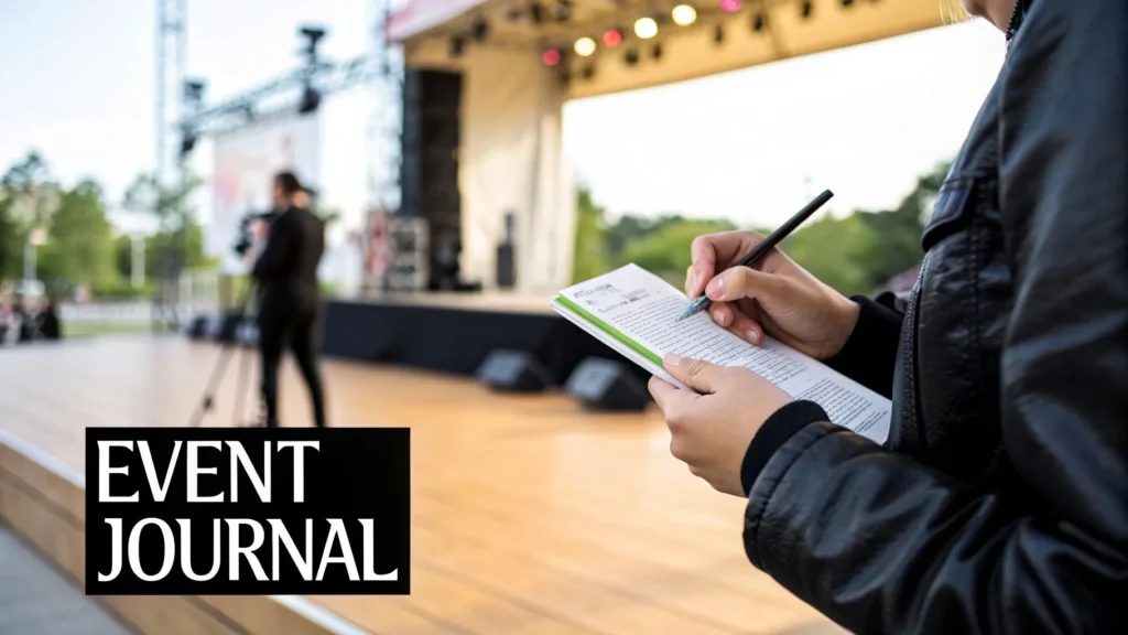 Person writing notes at outdoor event near stage, text “Event Journal” displayed