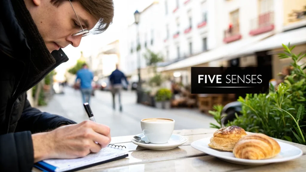 Person writing in notebook at outdoor café with coffee and pastries, text “Five Senses” displayed