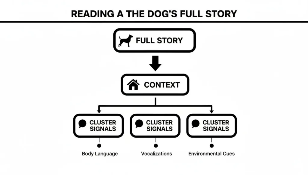 A Guide to Understanding Dog Body Language Dog behavior infographic showing full story, context, and cluster signals like body language, vocalizations, cues