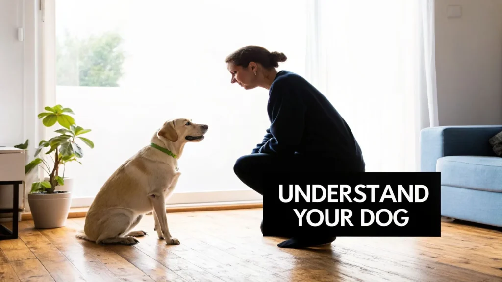 A Guide to Understanding Dog Body Language Person kneeling and engaging with dog indoors, text “Understand Your Dog” displayed