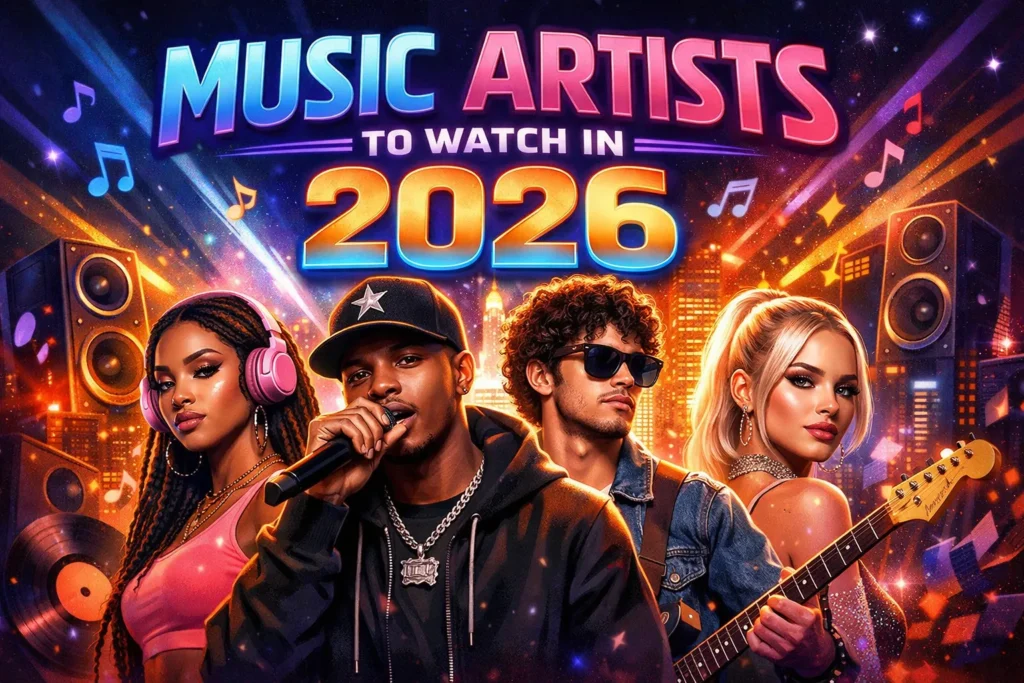 Colorful thumbnail of diverse music artists with headphones, mic, and guitar against neon city, titled “Music Artists to Watch 2026”.