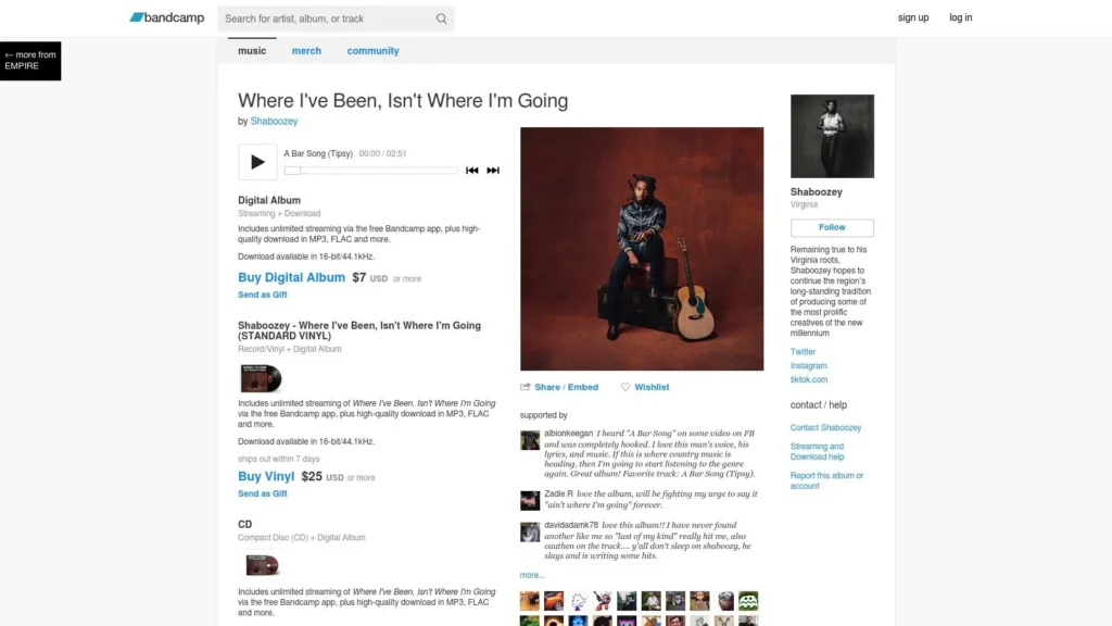 Bandcamp page for Shaboozey album “Where I’ve Been, Isn’t Where I’m Going” with player, artwork, and purchase options.