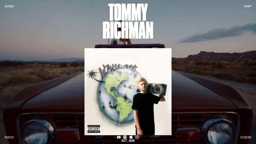 Tommy Richman album promo: artist name over desert road background with car, album art centered, “Out Now” text below.