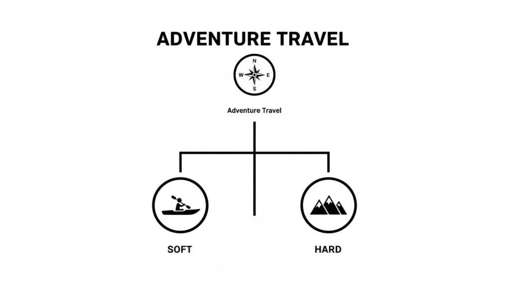 Adventure travel infographic showing soft (kayaking) and hard (mountain) categories with compass icon.