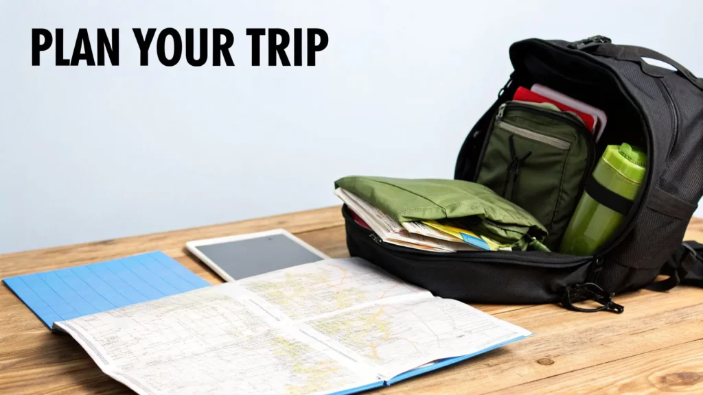 Backpack with travel gear, map, tablet, and notebook on table, text “Plan Your Trip.”