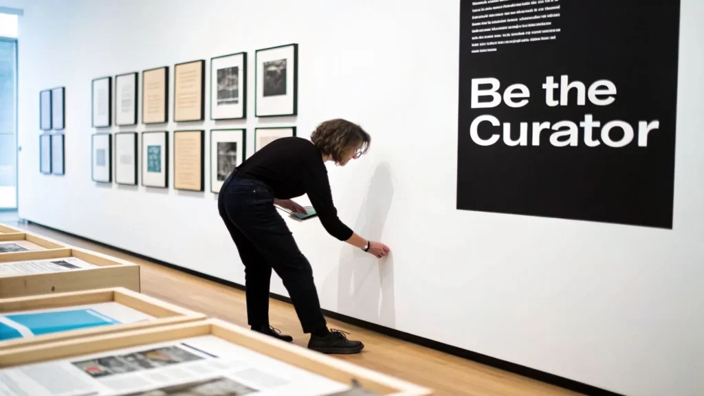 Curator arranging exhibit in gallery with framed works, sign reads “Be the Curator”