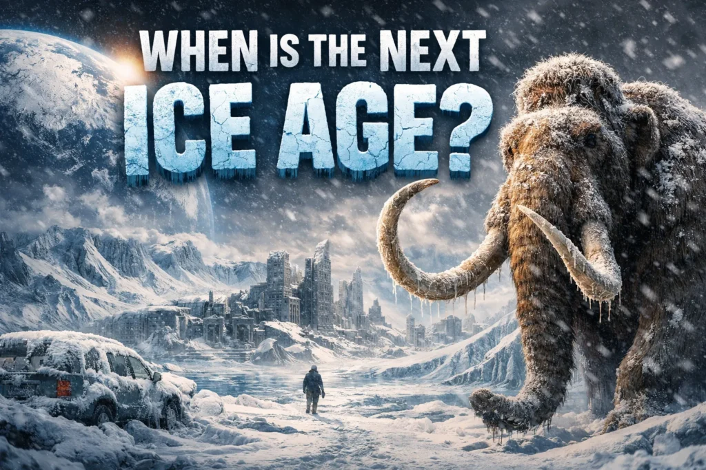 When is the Next Ice Age? The Science May Surprise You Frozen post-apocalyptic city with mammoth, icy Earth in sky, and bold text “When Is the Next Ice Age?” in snowy storm