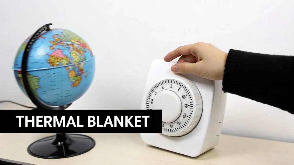 Hand adjusting a dial next to a globe with text “Thermal Blanket,” illustrating Earth’s heat retention concept