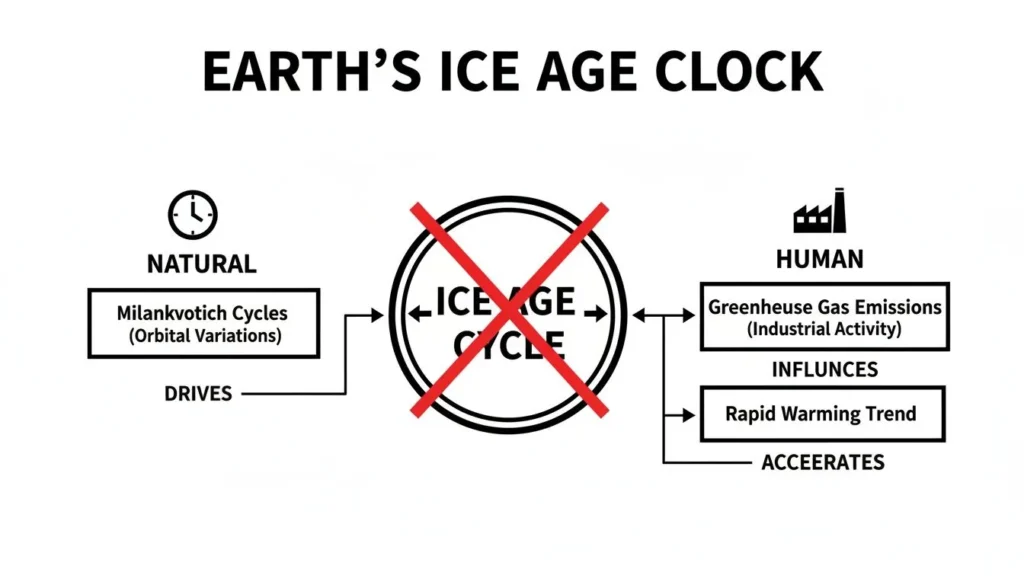 Diagram of Earth’s ice age clock showing natural cycles vs human emissions disrupting the ice age cycle