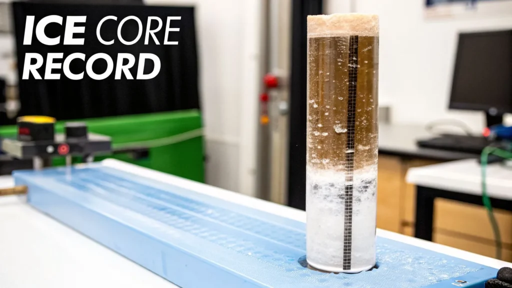 Ice core sample cylinder in lab with visible layers and text “Ice Core Record” showing climate data from past ages