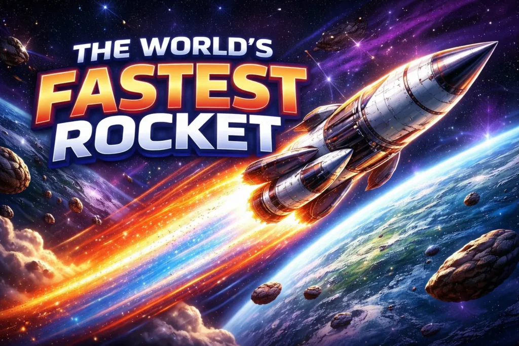 Futuristic rocket blasting through space above Earth with fiery trail, titled “The World’s Fastest Rocket” in bold text.