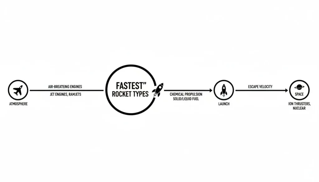 What Is the World's Fastest Rocket? A Guide to Ultimate Velocity Diagram of fastest rocket types from air-breathing engines to chemical propulsion launch and ion thrusters reaching space.