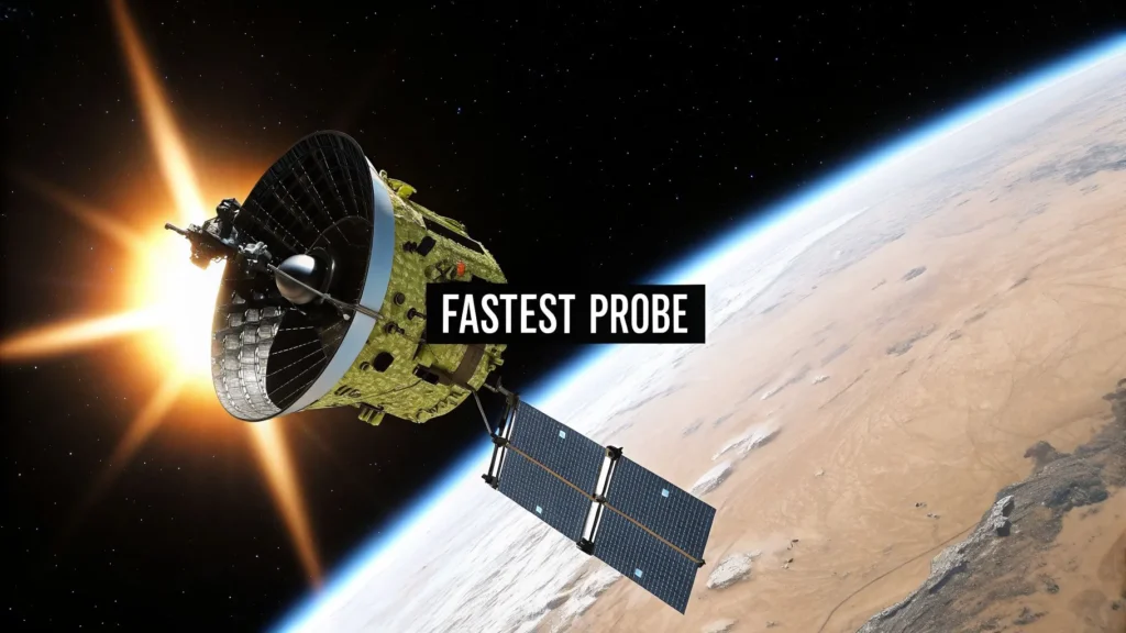What Is the World's Fastest Rocket? A Guide to Ultimate Velocity Space probe with solar panels flying past a planet with sun flare, labeled “Fastest Probe”.