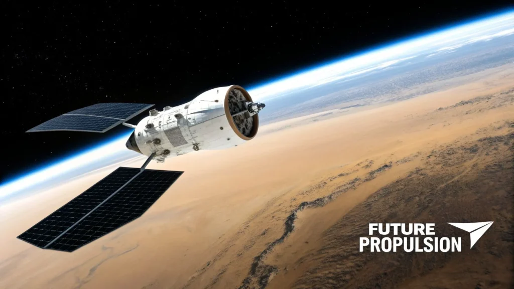What Is the World's Fastest Rocket? A Guide to Ultimate Velocity Satellite with solar panels orbiting above Earth’s desert surface, labeled “Future Propulsion”.