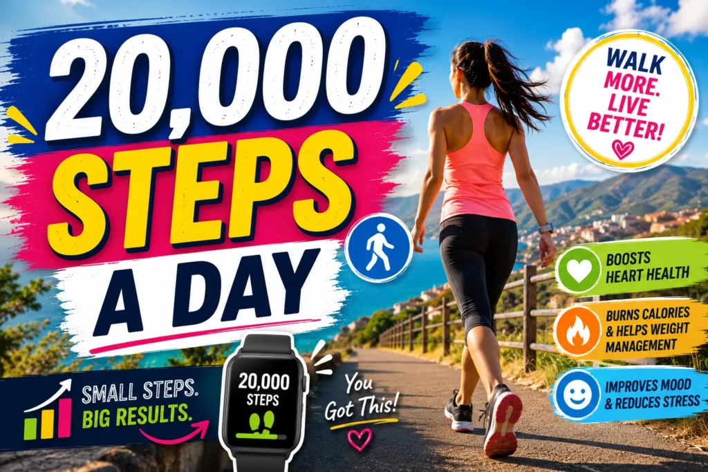 20000 Steps a Day: The Ultimate Science-Backed Guide 20,000 steps a day fitness thumbnail with woman walking outdoors, smartwatch, and colorful health graphics.
