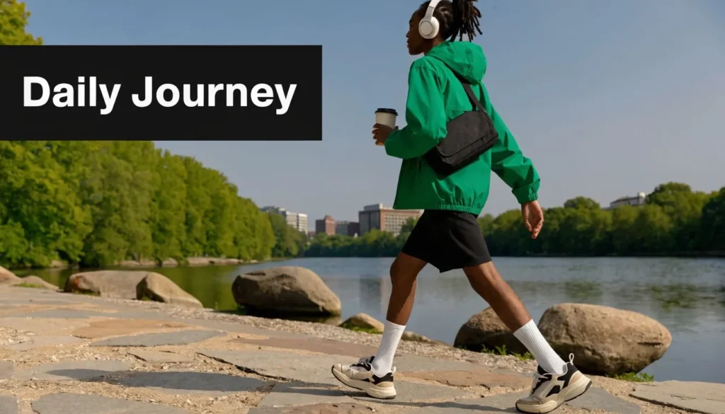 Person walking along a lakeside path with headphones, coffee cup, and “Daily Journey” text overlay.