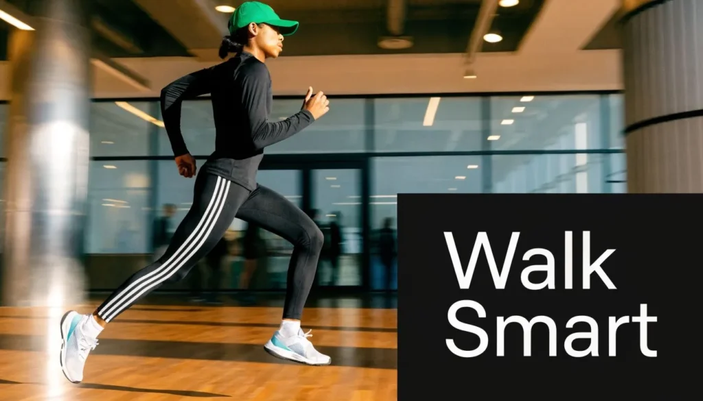 Athlete running indoors in sportswear with “Walk Smart” text promoting fitness and healthy walking habits.