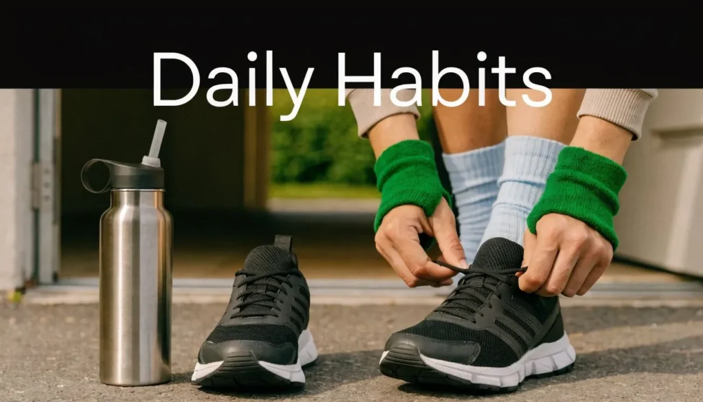 Person tying black running shoes beside a water bottle with “Daily Habits” text promoting fitness routines.