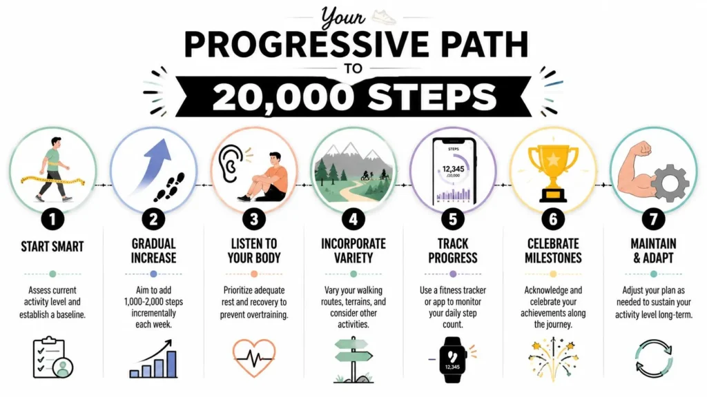Infographic showing a progressive 7-step plan to reach 20,000 daily steps with fitness and tracking tips.