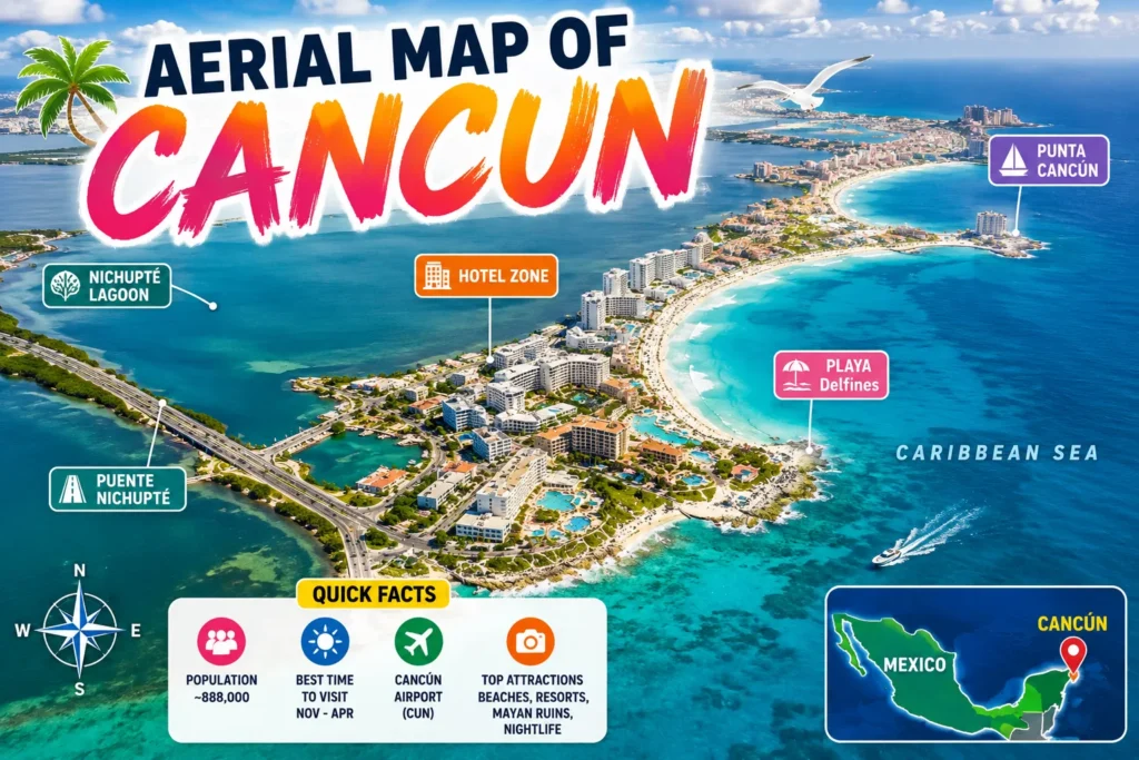 Colorful aerial map of Cancun showing hotel zone, beaches, turquoise water, and labeled travel landmarks.