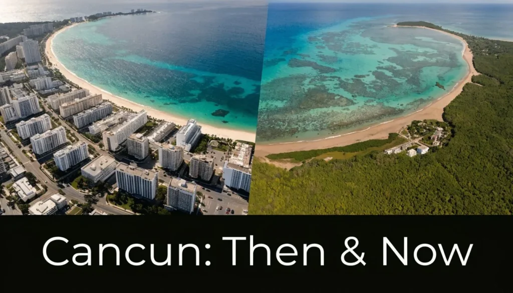 Aerial comparison of Cancun coastline showing urban development and natural beaches then and now.