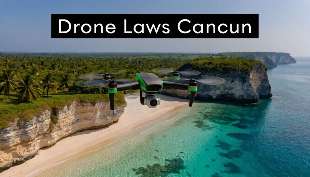 Drone flying above Cancun coastline with turquoise water and text about drone laws in Cancun.