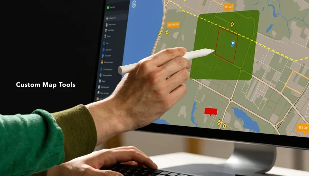 Person using a stylus on a digital aerial map interface with custom mapping and location tools.