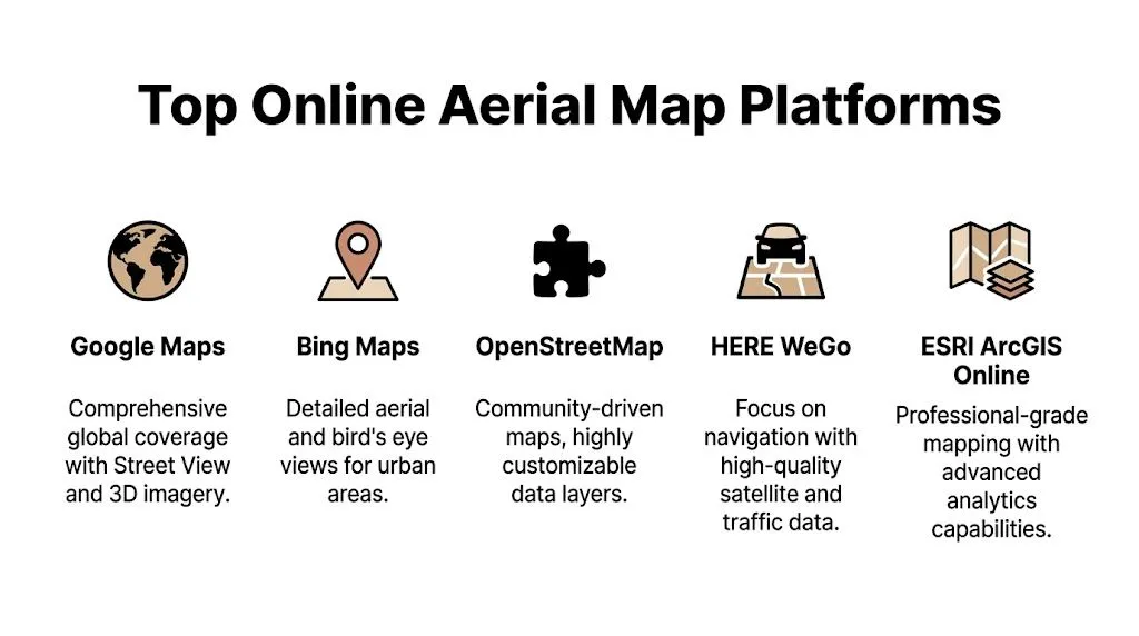 Infographic listing top online aerial map platforms including Google Maps, Bing Maps, and OpenStreetMap.
