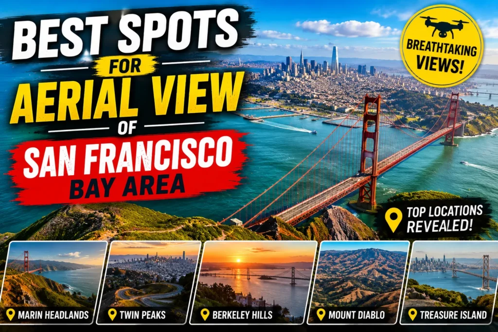 Aerial San Francisco Bay Area thumbnail with Golden Gate Bridge, skyline, bay views, and scenic lookout spots.
