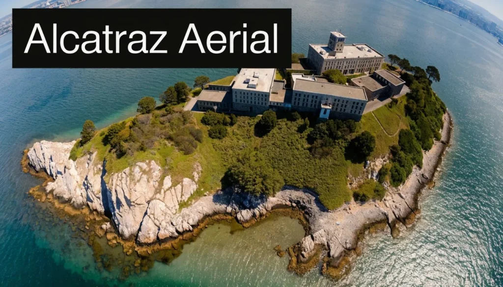 Best Spots for Aerial View of San Francisco Bay Area 2026 Aerial view of Alcatraz Island prison surrounded by blue waters in San Francisco Bay.