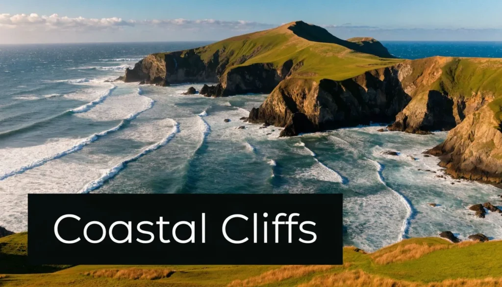 Best Spots for Aerial View of San Francisco Bay Area 2026 Scenic coastal cliffs with crashing ocean waves and green hills under a clear sky.