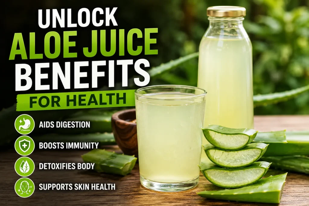 Aloe juice in glass with aloe slices and bold text “Unlock Aloe Juice Benefits for Health” highlighting digestion, immunity, detox, skin