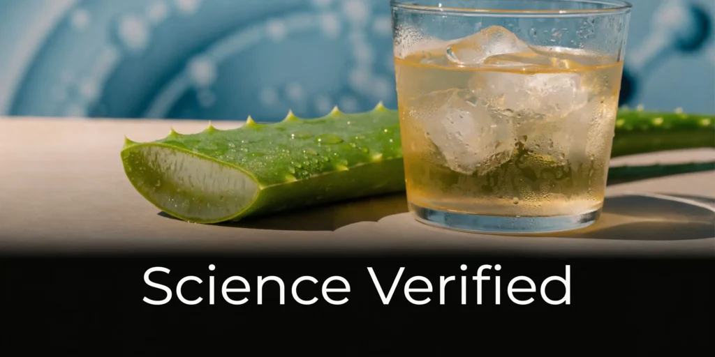 Glass of iced aloe vera juice beside fresh aloe leaf, labeled “Science Verified”