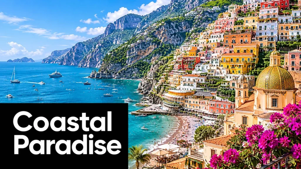 Colorful Amalfi Coast cliffside village overlooking turquoise waters, beaches, boats, and Mediterranean coastline scenery.